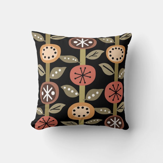 Atomic Era Flowers Art Black Colorful Throw Pillow (Front)