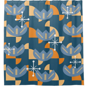 Atomic Era Funky Flowers (Blue & Orange) Shower Curtain