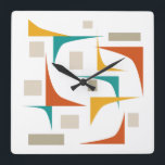 Atomic Era Geometric Corners Mid-Century Square Wall Clock<br><div class="desc">Add a pop of color to your wall with this funky mid century modern clock! It features the fun colors of teal blue,  burnt orange,  tan,  and yellowy orange geometric shapes.</div>
