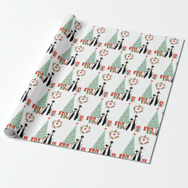 Atomic Era MCM Cool Cat Christmas Tree Wrapping Paper (Unrolled)