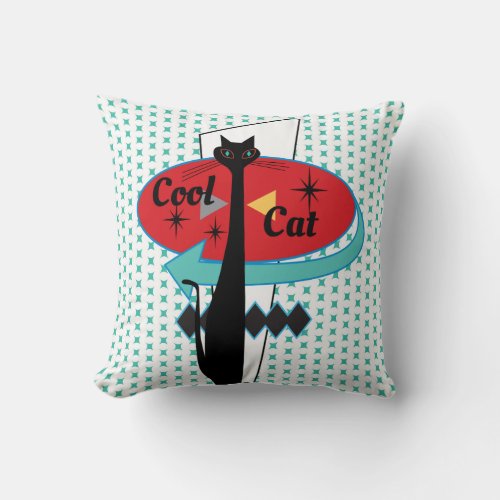 Atomic Era Mid Century Modern Cool Cat Sign Throw Pillow