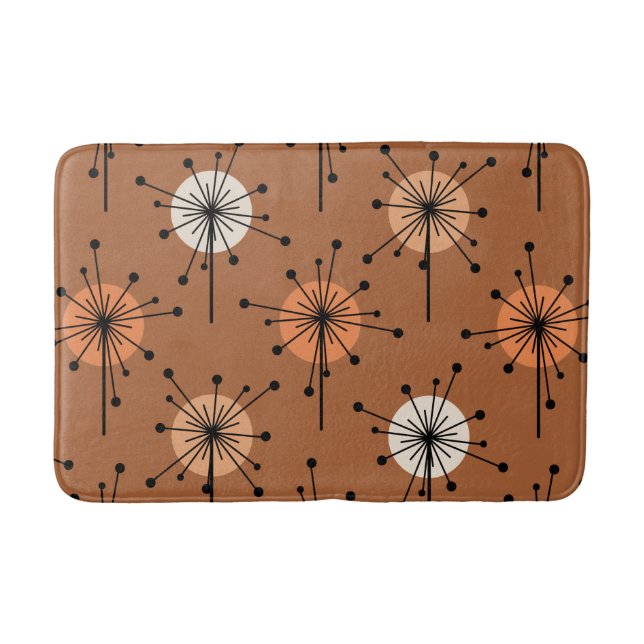 Atomic Era Sputnik Starburst Flowers Burnt Orange Bath Mat (Front)