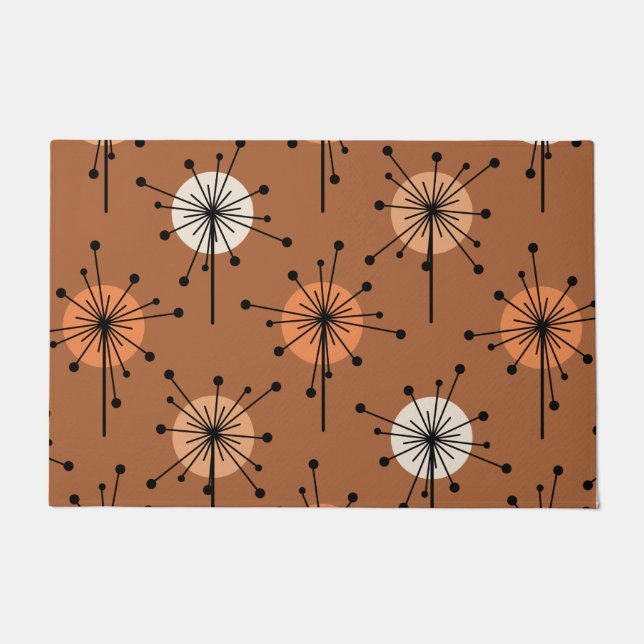 Atomic Era Sputnik Starburst Flowers Burnt Orange Doormat (Front)