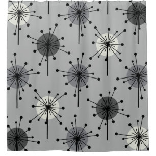 Atomic Era Sputnik Starburst Flowers Gray Shower Curtain