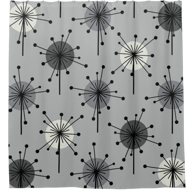 Atomic Era Sputnik Starburst Flowers Gray Shower Curtain (Front)