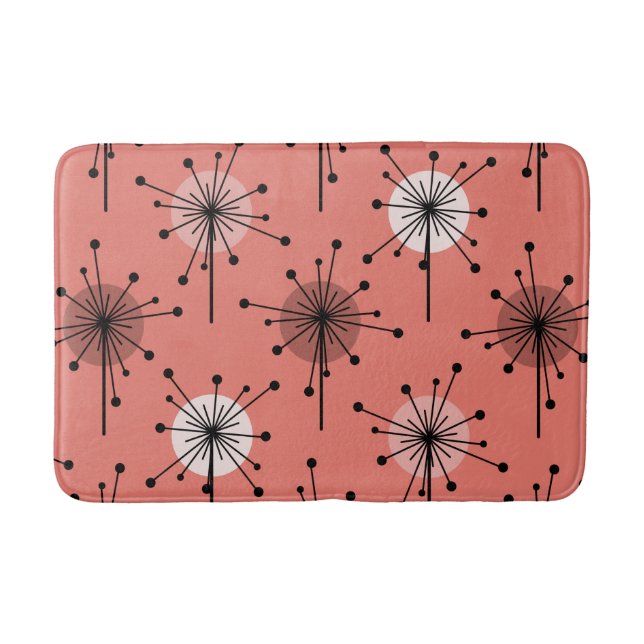 Atomic Era Sputnik Starburst Flowers Salmon Pink Bath Mat (Front)