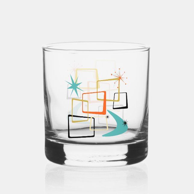 Atomic Era Squares Stars Boomerang Mid Century Whiskey Glass (Front)
