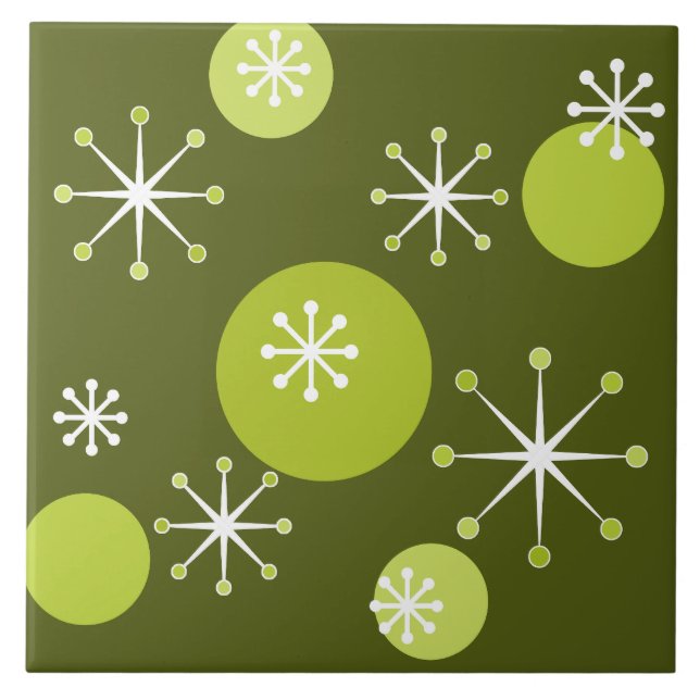 Atomic Era Starbursts Olive Green Ceramic Tile (Front)