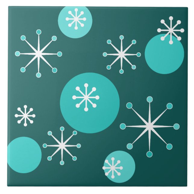 Atomic Era Starbursts Teal Ceramic Tile (Front)