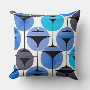 Atomic Fifties Inspired Martinis In Grey Aqua Blue Throw Pillow