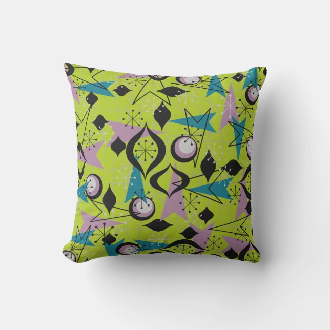 Atomic Fifties, Peridot Green, Black Throw Pillow (Front)