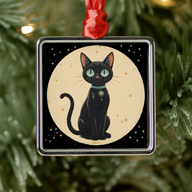 Atomic Futuristic Black Cat Moon Metal Ornament (Tree)