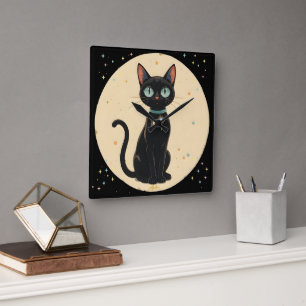 Atomic Futuristic Black Cat Moon Square Wall Clock