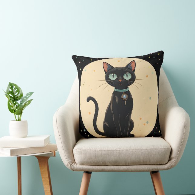 Atomic Futuristic Black Cat Moon  Throw Pillow (Chair)