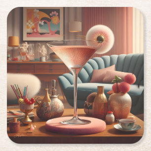 Atomic Futuristic Cherry Blossom Martini Square Paper Coaster