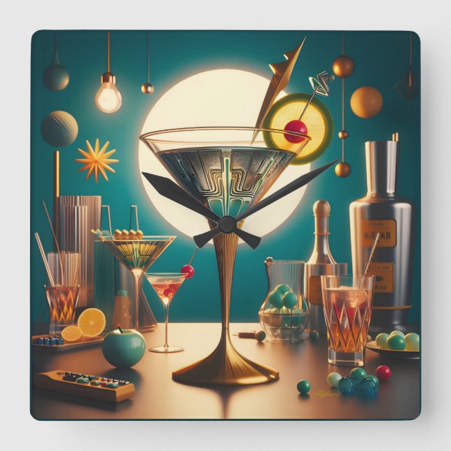 Atomic Futuristic Circuit Board Martini Square Wall Clock (Front)
