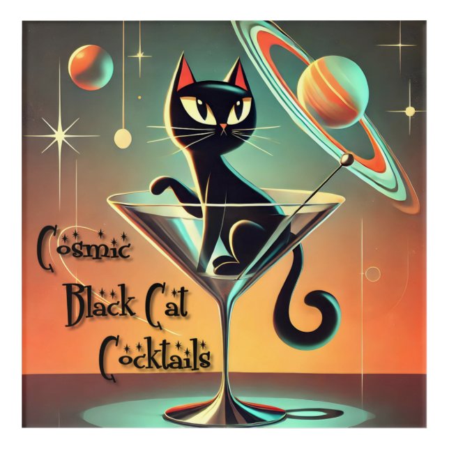 Atomic Futuristic Cosmic Black Cat Cocktails Acrylic Print (Front)