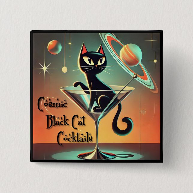 Atomic Futuristic Cosmic Black Cat Cocktails Button (Front)