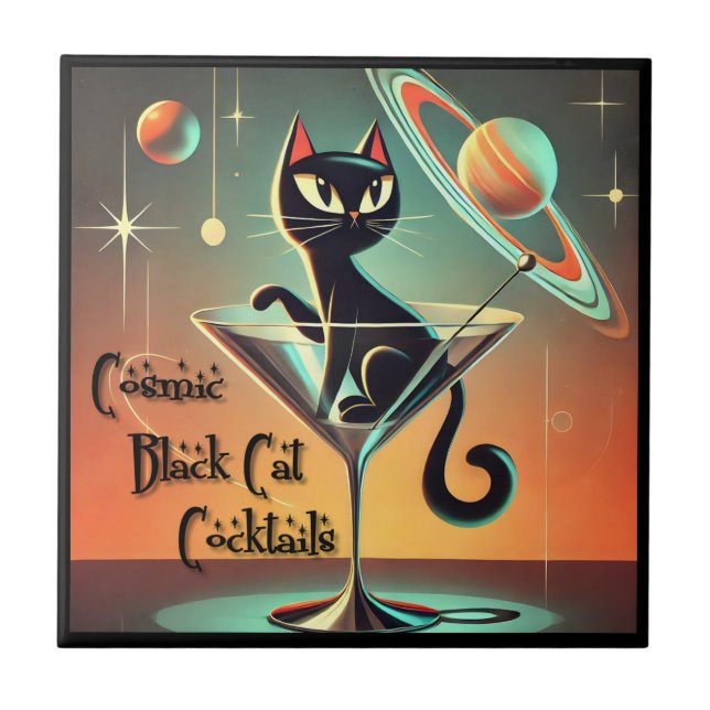 Atomic Futuristic Cosmic Black Cat Cocktails Ceramic Tile (Front)