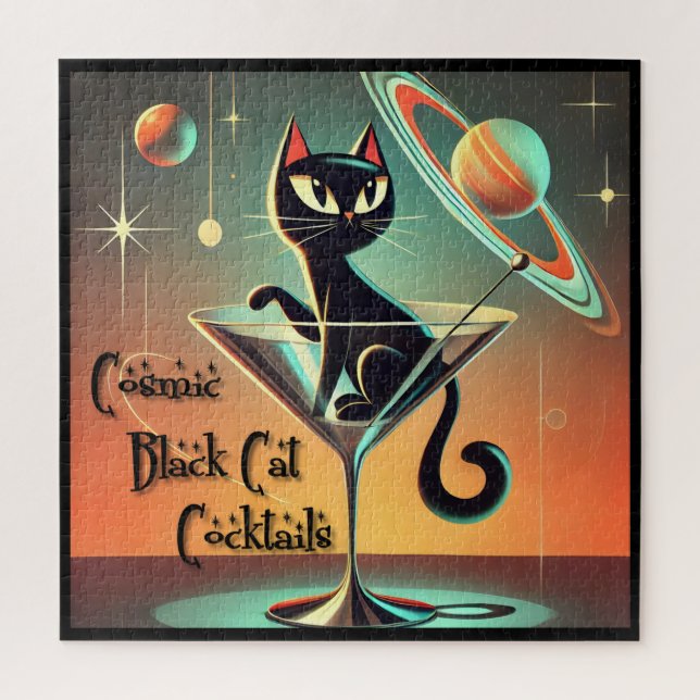 Atomic Futuristic Cosmic Black Cat Cocktails Jigsaw Puzzle (Vertical)