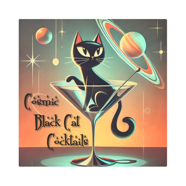 Atomic Futuristic Cosmic Black Cat Cocktails Metal Print (Front)