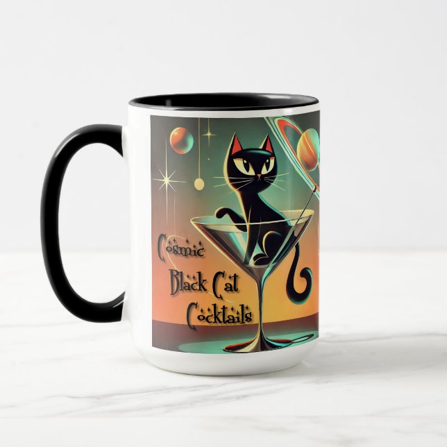 Atomic Futuristic Cosmic Black Cat Cocktails Mug (Left)