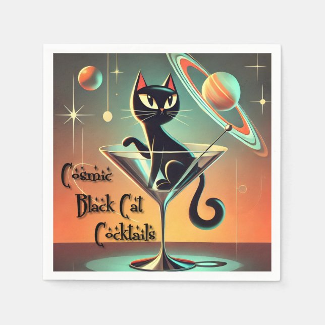 Atomic Futuristic Cosmic Black Cat Cocktails Napkins (Front)