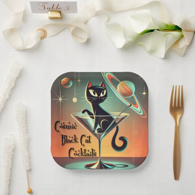 Atomic Futuristic Cosmic Black Cat Cocktails Paper Plates (Wedding)
