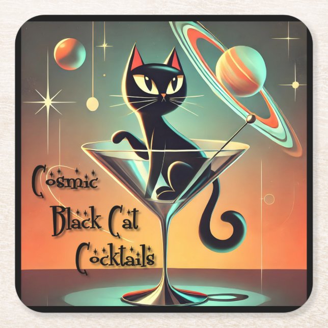 Atomic Futuristic Cosmic Black Cat Cocktails Square Paper Coaster (Front)