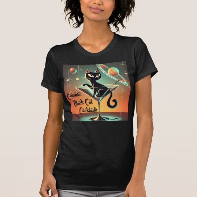 Atomic Futuristic Cosmic Black Cat Cocktails T-Shirt (Front)