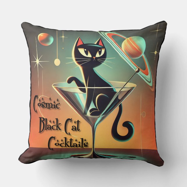Atomic Futuristic Cosmic Black Cat Cocktails Throw Pillow (Front)