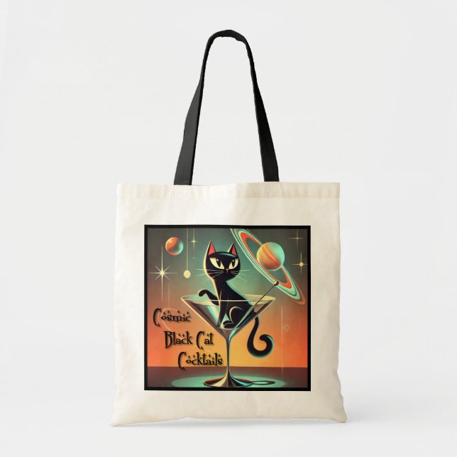 Atomic Futuristic Cosmic Black Cat Cocktails Tote Bag (Front)
