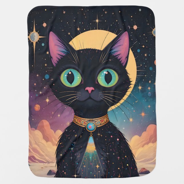 Atomic Futuristic Cosmic Black Cat in Moonlight Baby Blanket (Front)
