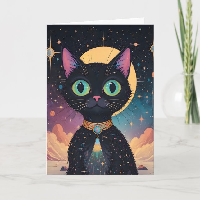 Atomic Futuristic Cosmic Black Cat in Moonlight Card (Front)
