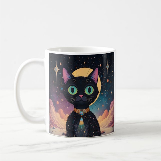 Atomic Futuristic Cosmic Black Cat in Moonlight Coffee Mug (Left)
