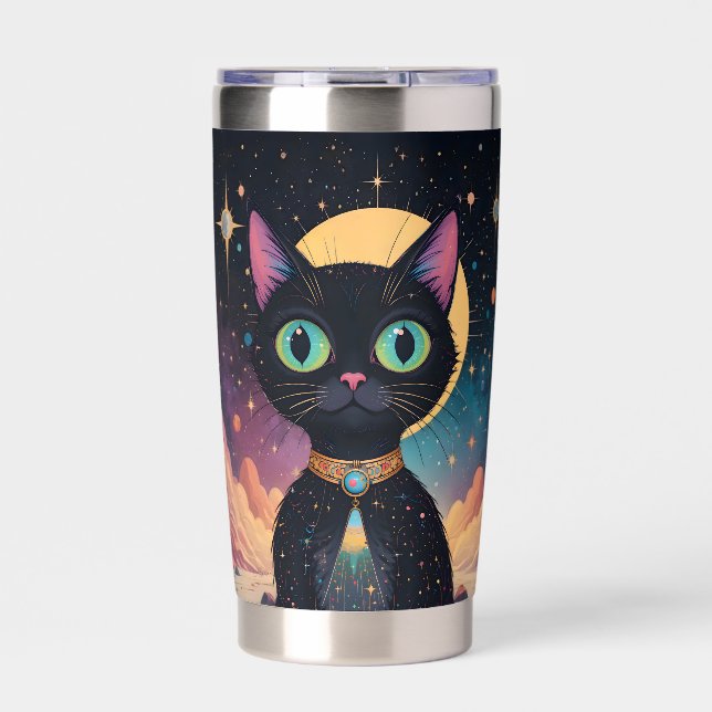 Atomic Futuristic Cosmic Black Cat in Moonlight Insulated Tumbler (Front)