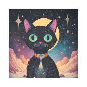 Atomic Futuristic Cosmic Black Cat in Moonlight Metal Print