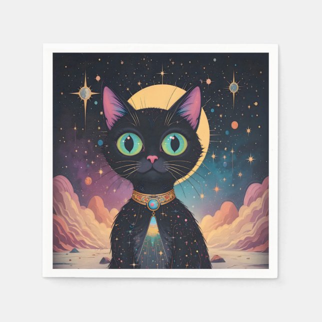 Atomic Futuristic Cosmic Black Cat in Moonlight Napkins (Front)