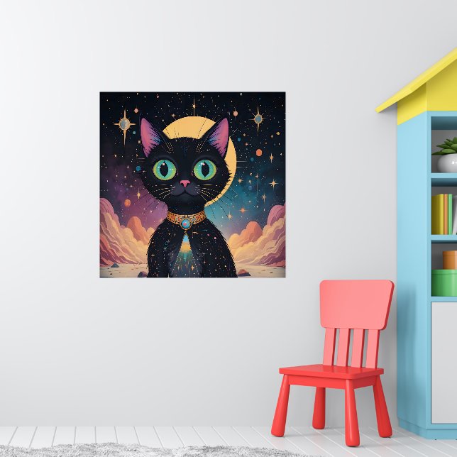 Atomic Futuristic Cosmic Black Cat in Moonlight Poster (Nursery 1)