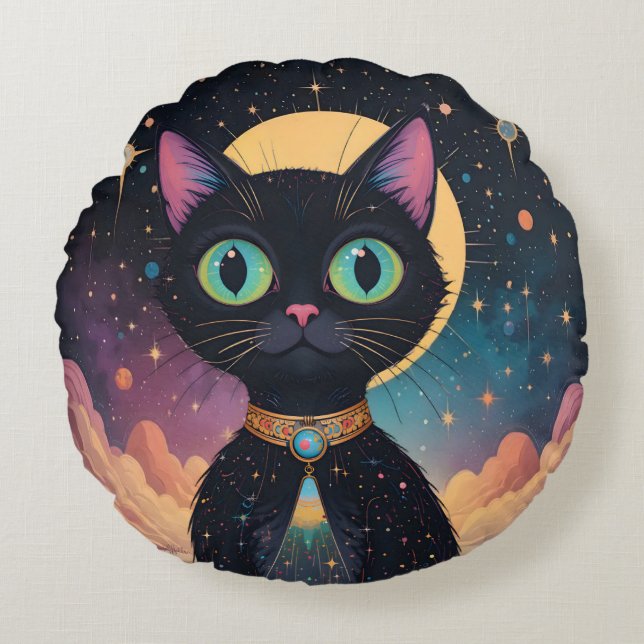 Atomic Futuristic Cosmic Black Cat in Moonlight Round Pillow (Front)