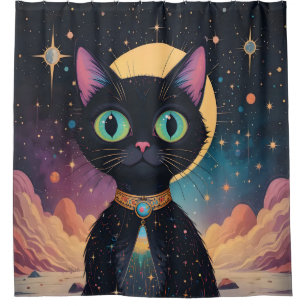 Atomic Futuristic Cosmic Black Cat in Moonlight Shower Curtain