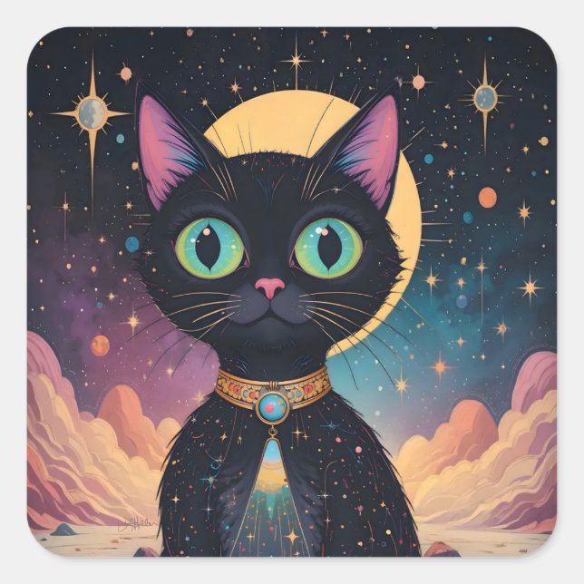 Atomic Futuristic Cosmic Black Cat in Moonlight Square Sticker (Front)