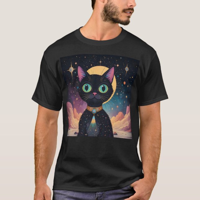 Atomic Futuristic Cosmic Black Cat in Moonlight T-Shirt (Front)