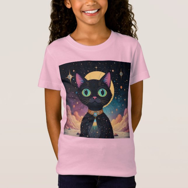 Atomic Futuristic Cosmic Black Cat in Moonlight T-Shirt (Front)