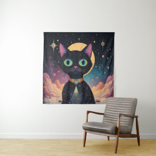 Atomic Futuristic Cosmic Black Cat in Moonlight Tapestry