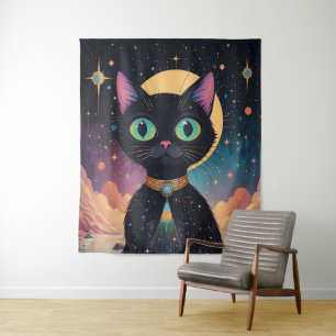 Atomic Futuristic Cosmic Black Cat in Moonlight Tapestry