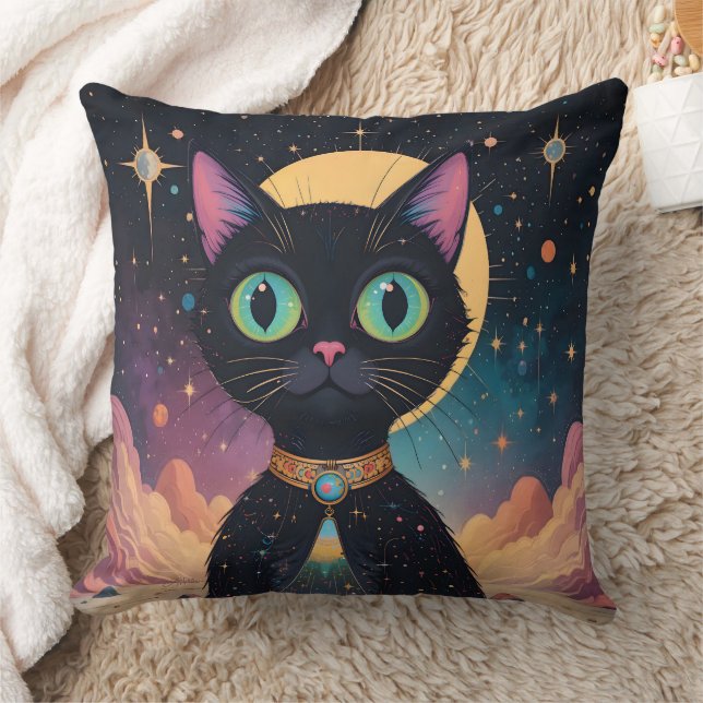 Atomic Futuristic Cosmic Black Cat in Moonlight Throw Pillow (Blanket)