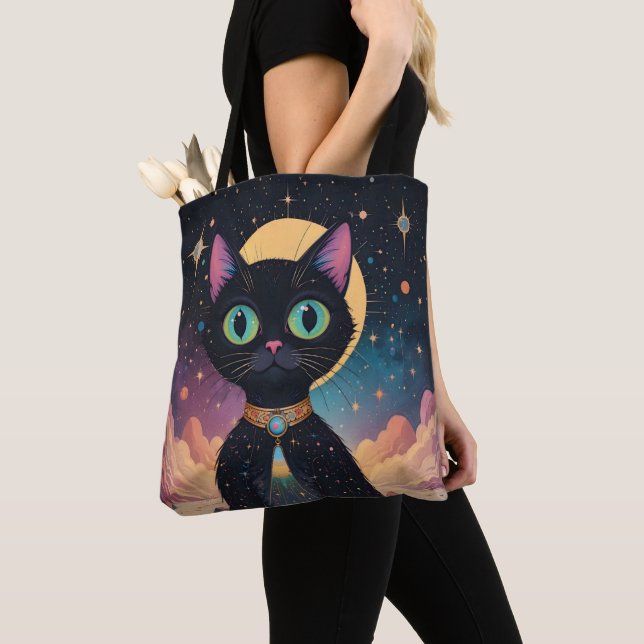 Atomic Futuristic Cosmic Black Cat in Moonlight Tote Bag (Close Up)