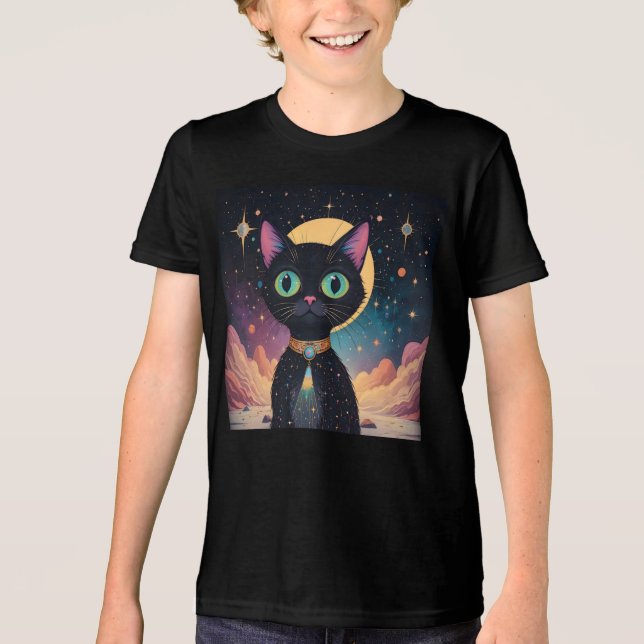 Atomic Futuristic Cosmic Black Cat in Moonlight Tri-Blend Shirt (Front)