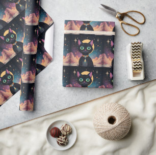 Atomic Futuristic Cosmic Black Cat in Moonlight Wrapping Paper